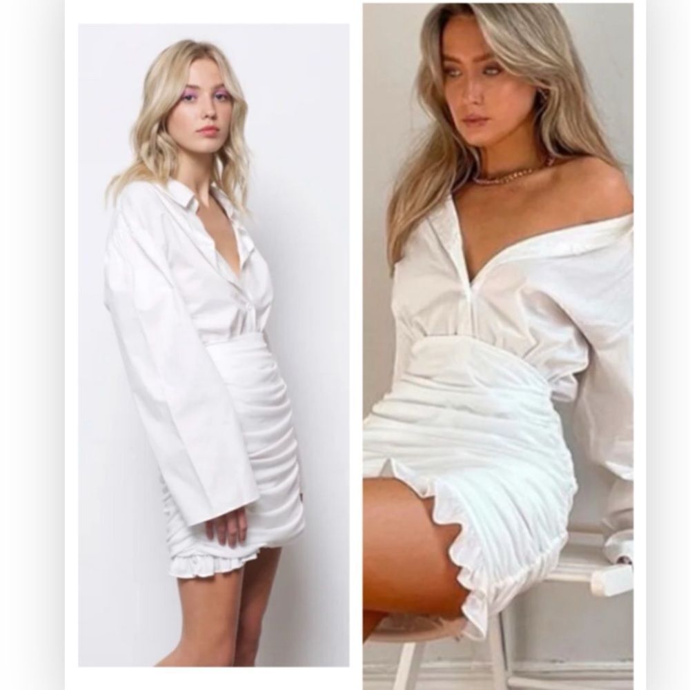 Bridal White Ruched Shirt Dress with Ruffle Hem